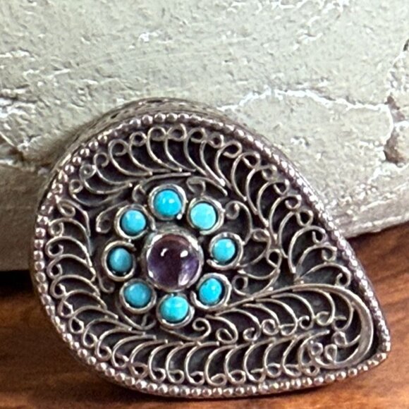 Vintage Silver Filigree Teardrop Trinket Box With Turquoise +  Amethyst - Picture 6 of 10